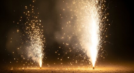Two fireworks exploding with bright sparks and smoke in the dark night sky celebration time fun