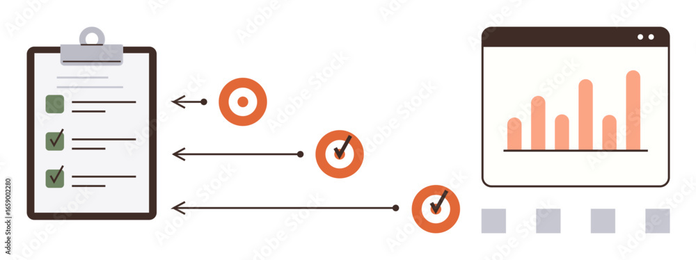 Poster task checklist on clipboard connected to goals with arrows, leading to bar chart analysis on a brows