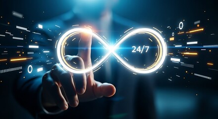 Infinite possibilities and continuity concept. A hand traces a glowing, holographic infinity symbol, representing limitless potential or 24/7 service.
