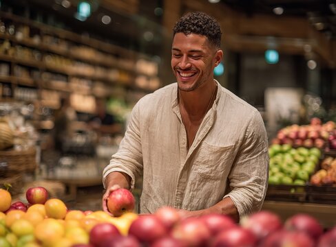 Handsome man picking fresh fruits in Hypermart supermarket produce section, casual attire, smiling, with bright lighting and wooden store elements