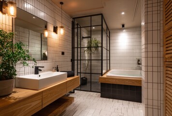 Modern bathroom interior with double sinks, large mirror, warm lighting, and stylish decor elements