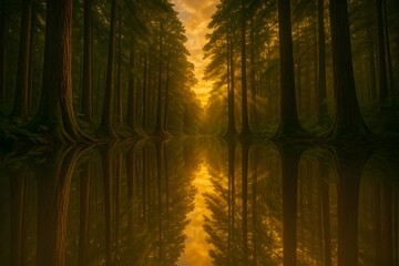 Enchanted Golden Forest Path with Sparkling Light and Magic Glow