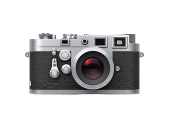 Vintage silver camera, front view.  Dark gray leather-like body, silver metal accents.  Numerous controls, a large lens with a reddish-purple interior.  Isolated on black background