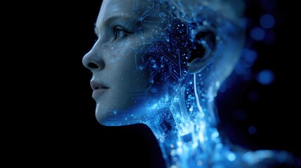 Futuristic digital portrait of a woman with glowing blue elements and cybernetic enhancements, emphasizing technology and innovation themes