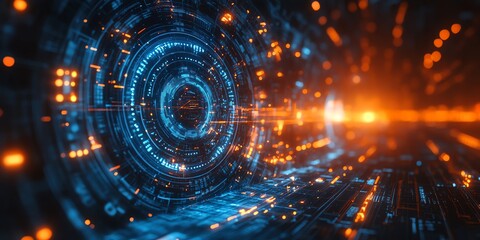 Fototapeta premium Futuristic Digital Technology Abstract Tunnel with Blue and Orange Lights