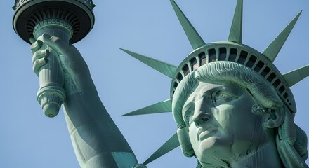 Closeup Green Statue of Liberty Holding Torch Against Clear Blue Sky