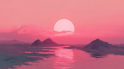Fototapeta premium Pink Sunset Over Mountain Range and Water Scene in Digital Art Style