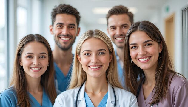 A group of smiling healthcare workers stand together in a bright, modern hospital hallway setting