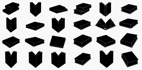 Fototapeta premium A set of black book icons and silhouettes shown open, closed, and stacked from various isometric perspectives.
