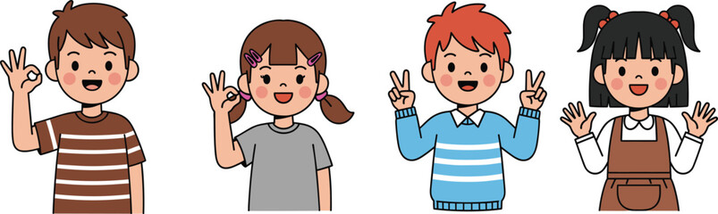Diverse children, hand gestures, cartoon illustration, vector design, educational material, playful kids, happy characters, stock image, promotional use, multicultural
