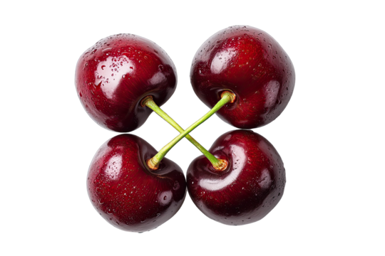 Four cherries arranged in a cross shape, showing glossy red skins and water droplets