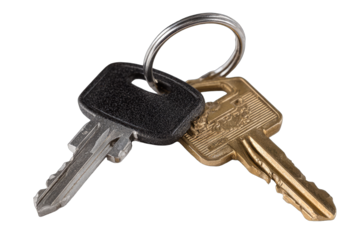 Two keys, one black, one brass-colored, attached to a metal key ring