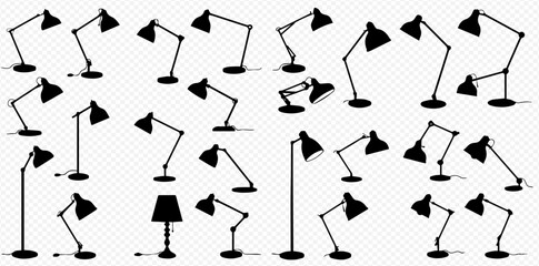 A collection of black silhouettes showing various types of lamps, including adjustable desk lamps, a floor lamp, and a classic table lamp, in multiple positions.