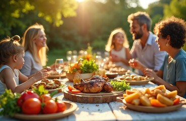 Family enjoying sunny outdoor meal, grilled chicken, fresh vegetables on table. Backyard gathering, summer celebration with food, drinks, laughter. Lifestyle, togetherness, relaxation.