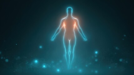 A glowing human figure with a blue background
