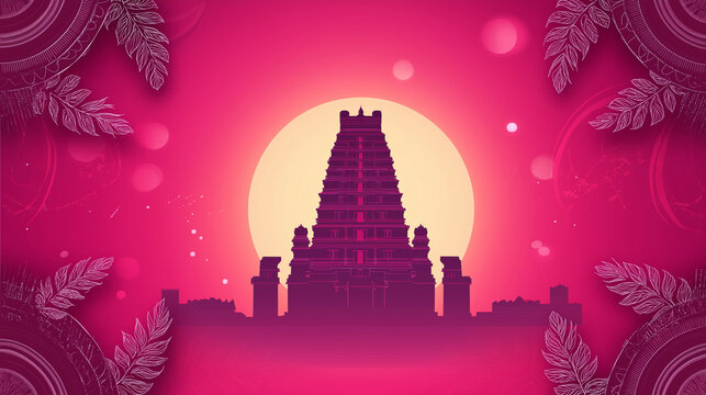Festive vector illustration of Karnataka Rajyotsava featuring Hampi temple silhouette on a pink background
