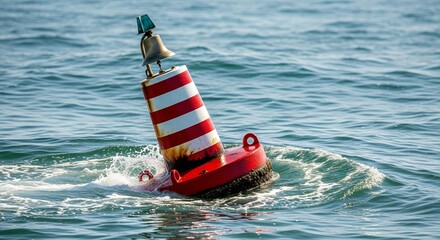 Red and White Striped Navigation Buoy Floating on Blue Ocean Water with Bell
