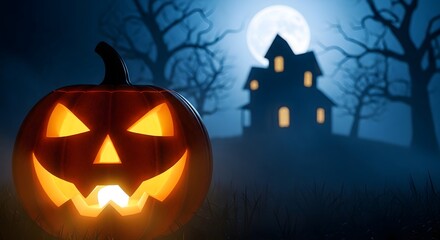 Glowing jack o lantern with a spooky house and full moon in the background on a dark night