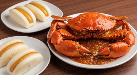 Chili crab with steamed buns on white plates sitting on a wooden table ready to be eaten
