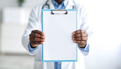 Professional African American doctor holding blank clipboard for medical records or patient information in bright clinic setting