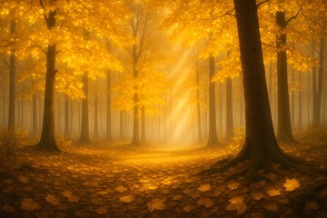 Obraz premium Landscape of A glowing autumn forest path lit by a golden sunrise