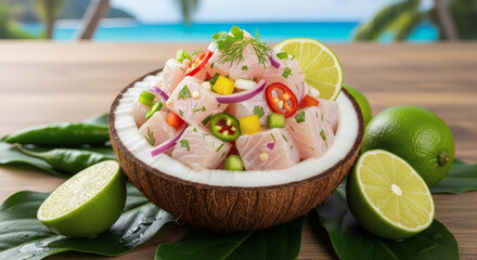 Ceviche served in a coconut shell with limes on a wooden table near a tropical beach view