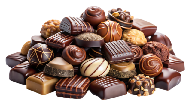 Large pile of assorted gourmet chocolates with various shapes and fillings candy isolated on a transparent background