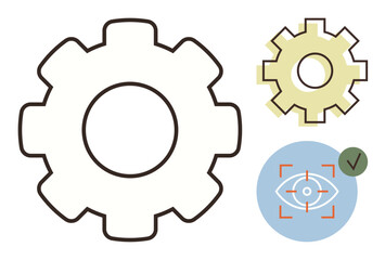 Large outlined gear adjacent to colored gears, an eye in a focus frame, and a check mark symbol. Ideal for automation, focus, precision, validation, engineering workflow decision-making. A simple