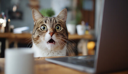 Surprised tabby cat with wide eyes looking at a laptop screen in a home office