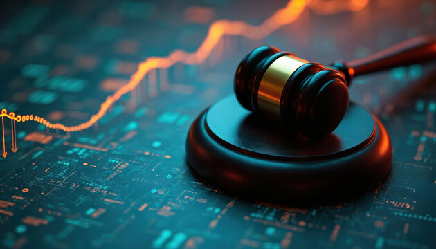 Gavel rests on base against digital data stream and upward trending graph. Symbolizes justice in financial markets, legal tech, courtroom, or online trading decisions.