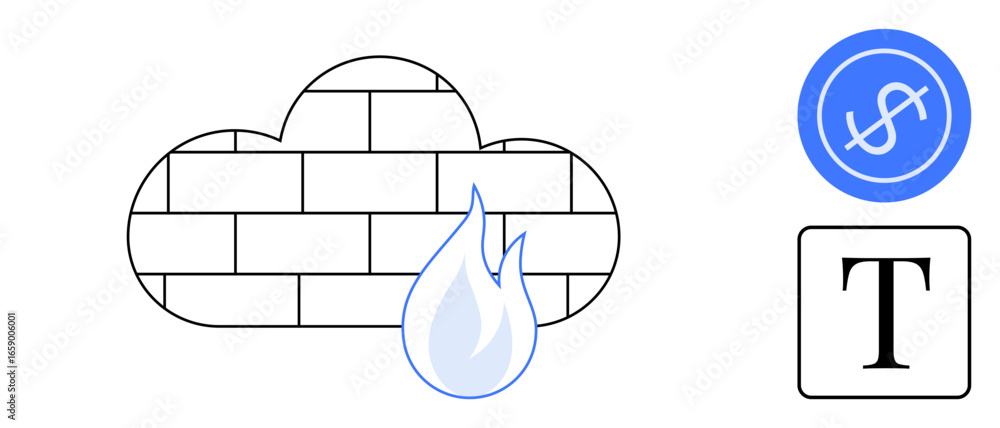 Poster cloud firewall represented by a brick-patterned cloud and flame, alongside a dollar sign and text ic