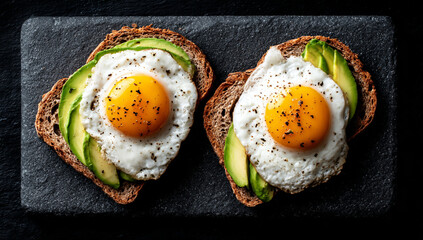 Two delicious avocado toast slices topped with fried eggs and seasoning on a dark stone surface