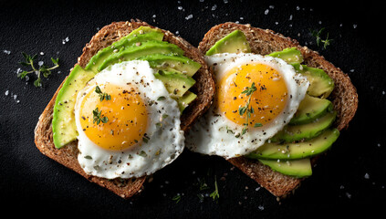 Two slices of whole grain toast topped with sliced avocado and fried eggs seasoned with herbs