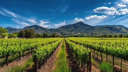 Fototapeta premium Panoramic vineyard landscape under a vibrant blue sky (1)