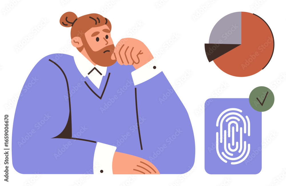 Poster contemplative man considering data insights, pie chart, fingerprint icon, approval checkmark. ideal 