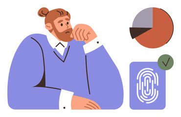 Contemplative man considering data insights, pie chart, fingerprint icon, approval checkmark. Ideal for analytics, technology, cybersecurity, authentication, decision-making innovation abstract
