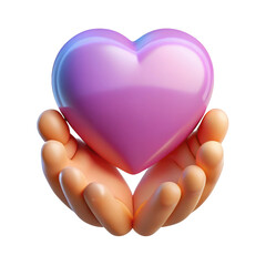 Fototapeta premium Close up of gentle human hands cupping and holding a large glossy iridescent pink and purple heart symbol isolated on transparent background