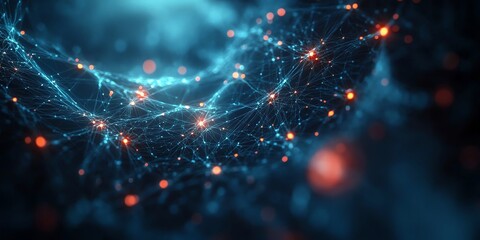 Abstract Digital Network with Bright Connected Nodes in Dark Blue Background