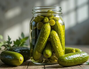 Jar of crunchy dill pickles and sliced cucumbers on a wooden table