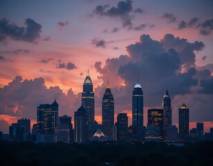 Skyline of atlanta georgia at sunset with dramatic clouds and city lights