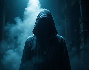 Hooded figure in the fog mysterious silhouette in the dark alleyway