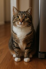 Cute tabby cat with white chest looking up indoors on wooden floor