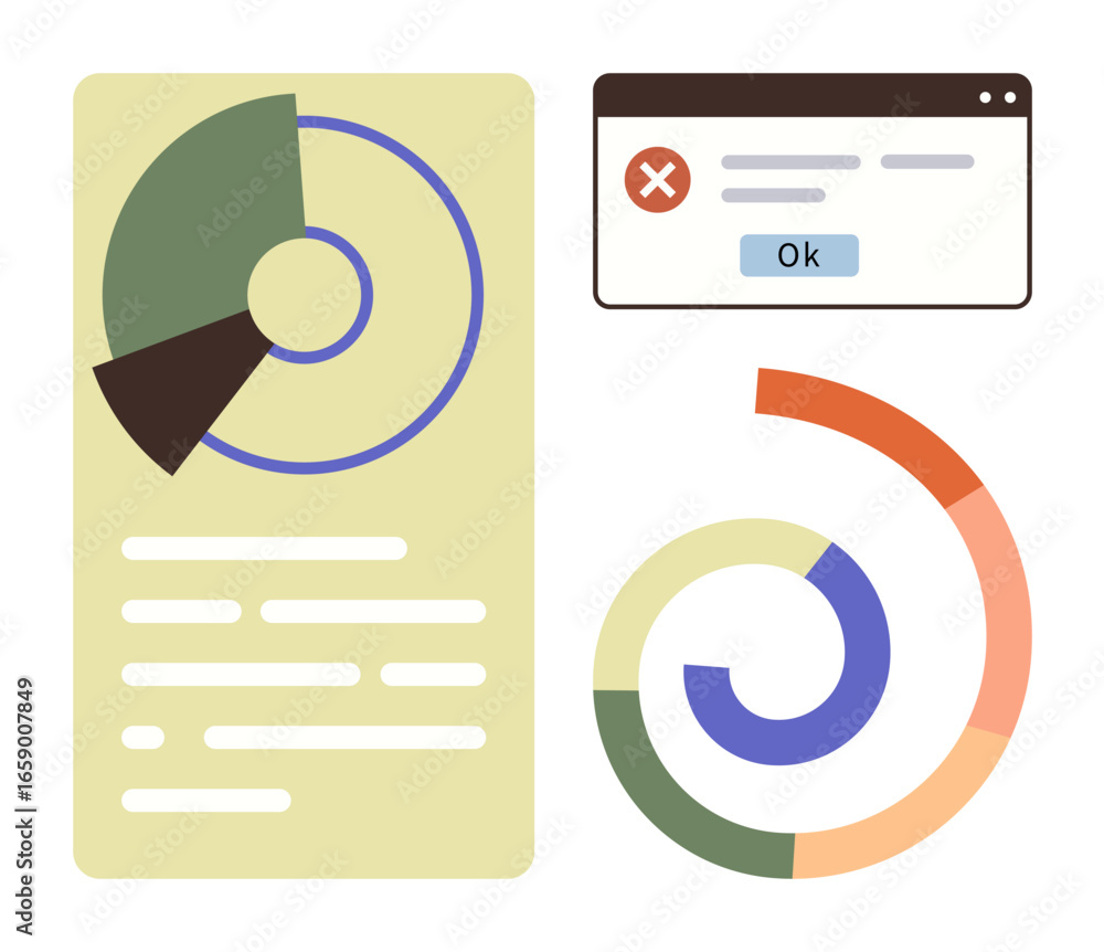Poster data chart with segmented pie graphs, text blocks, and error pop-up window. ideal for data analysis,