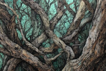 Intricate network of gnarled tree branches