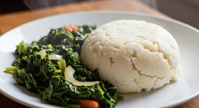A plate of ugali with cooked greens and onion served on a white plate on a wooden surface top view