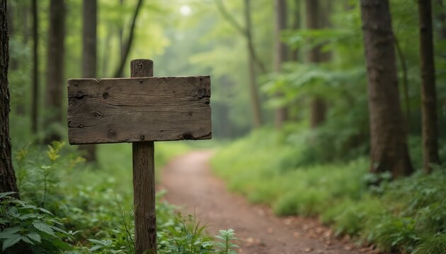 Wooden sign on forest path surrounded by green plants invites exploration. Empty sign on hiking trail signifies journey, discovery, wilderness adventure. Peaceful nature scenery, tranquil direction