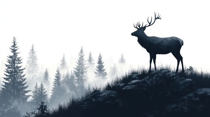 Silhouette of a majestic stag with large antlers standing proudly in a foggy forest landscape, a symbol of wild nature.