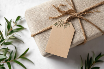 Photorealistic square gift tag mockup on a brown craft-wrapped gift box, highlighting packaging design, personalization, and gifting.