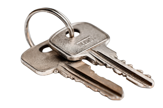 Two metal keys, close-up, attached to a key ring