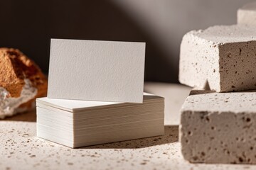 Blank business cards displayed on a textured surface with abstract forms